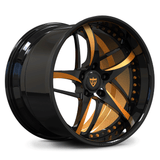 Custom 2-piece forged deep dish wheel with bronze inner barrel offset finish, forged aluminum design for sports and luxury cars. 