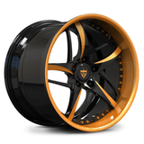 Custom 2-piece forged deep dish wheel with copper lip finish, bold 5-spoke forged design for Corvette, Mustang, and other performance cars.