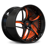 Custom 2-piece forged deep dish wheel with orange inner barrel offset finish, forged aluminum design for sports and luxury cars.