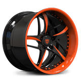 Custom 2-piece forged deep dish wheel with orange lip finish, bold 5-spoke forged design for Corvette, Mustang, and other performance cars.