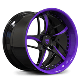 Custom 2-piece forged deep dish wheel with purple lip finish, bold 5-spoke forged design for Corvette, Mustang, and other performance cars.