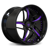 Custom 2-piece forged deep dish 5-spoke wheel with purple spoke accents, aggressive lip design for high-performance vehicles.