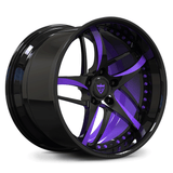 Custom 2-piece forged deep dish wheel with purple inner barrel offset finish, forged aluminum design for sports and luxury cars. 