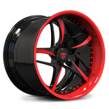 Custom 2-piece forged deep dish wheel with red lip finish, bold 5-spoke forged design for Corvette, Mustang, and other performance cars. 
