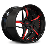 Custom 2-piece forged deep dish 5-spoke wheel with red spoke accents, aggressive lip design for high-performance vehicles. 