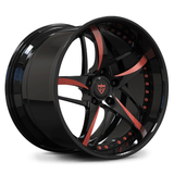 Custom 2-piece forged deep dish 5-spoke wheel with rose gold spoke accents, aggressive lip design for high-performance vehicles. 