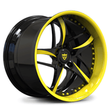 Custom 2-piece forged deep dish wheel with yellow lip finish, bold 5-spoke forged design for Corvette, Mustang, and other performance cars.