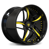 Custom 2-piece forged deep dish 5-spoke wheel with yellow spoke accents, aggressive lip design for high-performance vehicles.