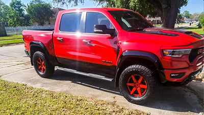 Close-up of RVRN DF14 deep dish wheel on Dodge Ram TRX front 20x9 fitment