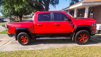 Rear angle of 2022 Dodge Ram TRX showcasing RVRN DF14 20x9 forged truck wheels