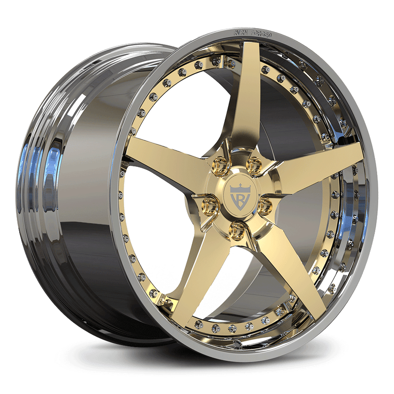 Gold and chrome rims for Corvette C8, custom forged 2-piece 5 spoke wheels RV-DF14 Series