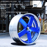 custom deep dish blue wheels for 91 ford mustang build, 2-piece forged rims, blue and chrome 4 lug 