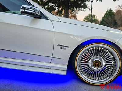 Detail shot of all-chrome RV-DM05 forged wheel design on Mercedes E350 W212