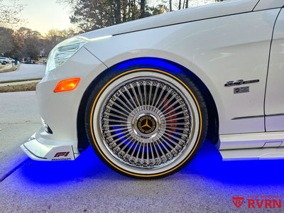 Side view of Mercedes E350 W212 fitted with RVRN RV-DM05 19-inch chrome wheels staggered fitment
