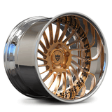 Custom forged 2-piece deep lip wheels in a gold finish, showcasing intricate design, perfect for deep dish rim enthusiasts.
