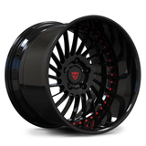CUSTOM FORGED 2-PIECE DEEP LIP WHEEL in black finish, featuring intricate spoke design and deep dish rim. Perfect for custom vehicles.