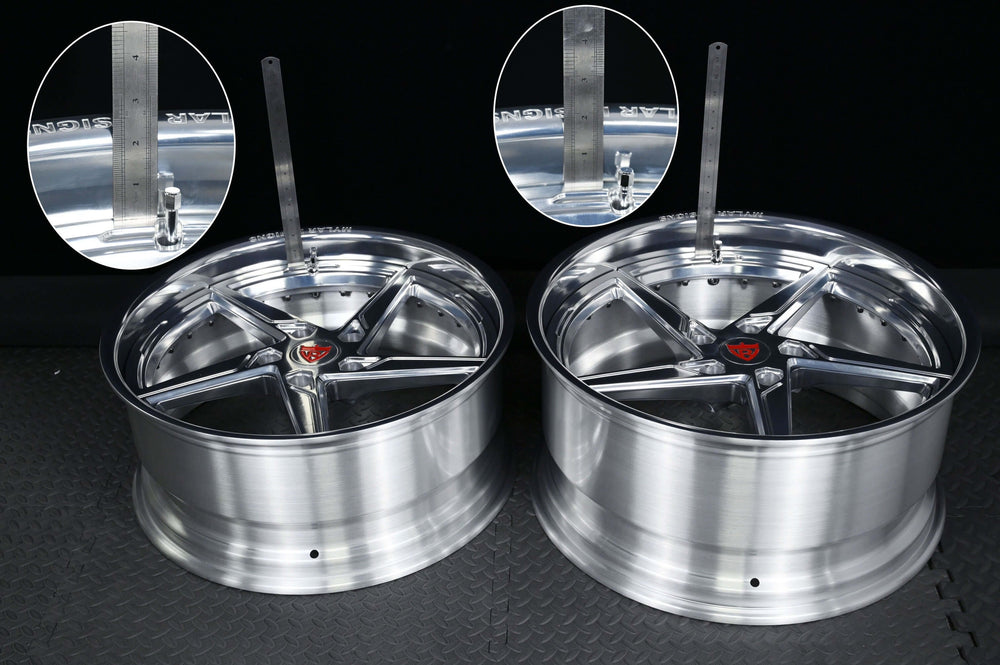 Custom forged Porsche Cayman wheels showcasing 5 spoke deep lip rims with precision measurement tools for fitment assessment.