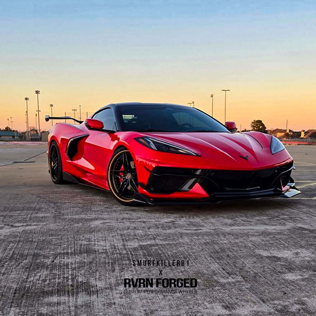 Red Corvette C8 showcasing custom forged 5 spoke rims by RVRN Forged in a sunset setting.