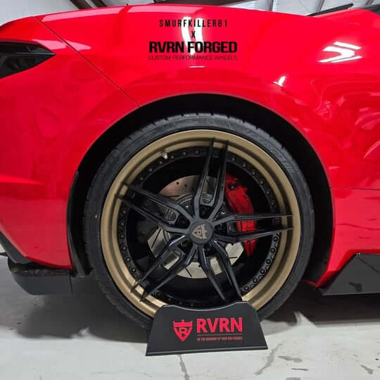 Close-up of Corvette C8 with custom forged 5 spoke rims showcasing RVRN wheels performance.