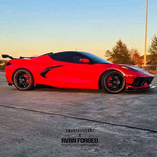 Red Corvette C8 with custom forged 5 spoke rims, showcasing sleek design and performance-enhancing wheels.