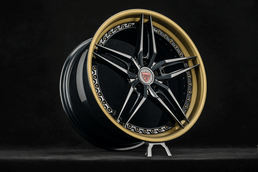 Custom forged 5 spoke rims for Corvette C8 showcasing sleek design and matte finish.