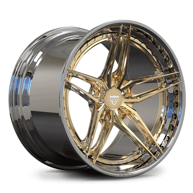 Custom forged 2-piece 5 spoke wheels in gold and chrome finish designed for vehicles like Corvettes.