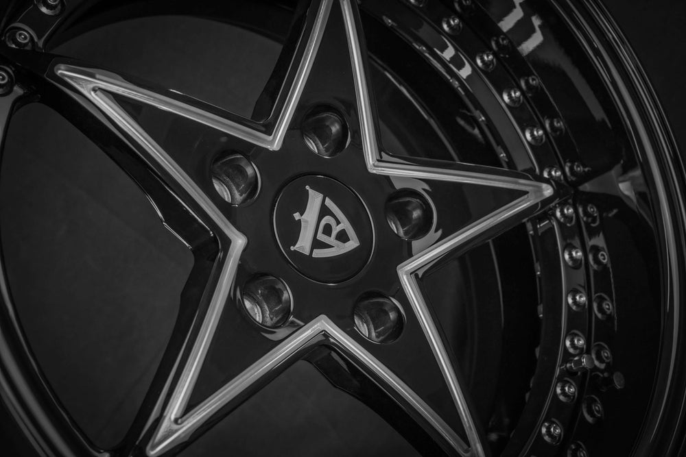 Custom forged star-shaped wheel designed for Jeep Wrangler and truck applications, showcasing 17-inch size and sleek black finish.