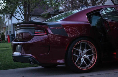 Side profile 2018 Dodge Charger Daytona with RVRN RV-DR08 custom forged deep dish wheels 22-inch staggered setup