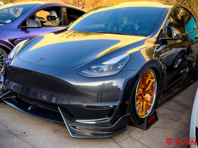 Side view of Tesla Model Y Performance on RVRN custom forged wheels RV-DR08 Transparent Dark Gold deep dish design 21x9.5 21x10.5