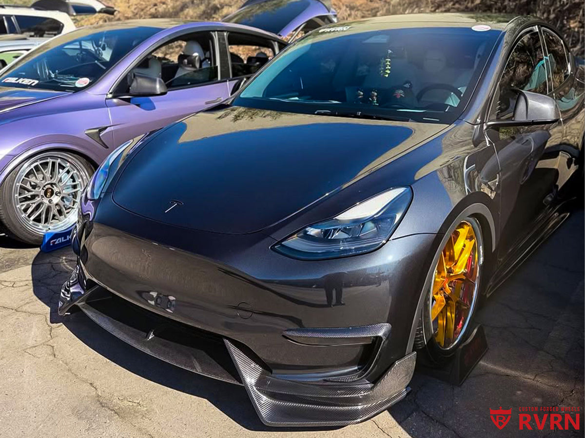 2024 Tesla Model Y Performance with RVRN RV-DR08 deep dish forged wheels in Transparent Dark Gold and Polished Aluminum front 21x9.5 rear 21x10.5