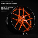 Custom 2-piece forged wheel RV-DR08 for C8 Corvette Stingray with gloss orange spokes and black barrel.