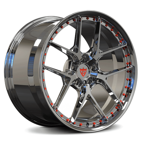 Custom forged monoblock wheel RV-DR08 in chrome finish with red accents, suitable for Shelby GT500 rims and various vehicle applications.