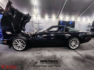 Low-angle front shot of Corvette C4 ZR1 on RVRN RV-DR08D wheels, brushed aluminum and chrome accent design.