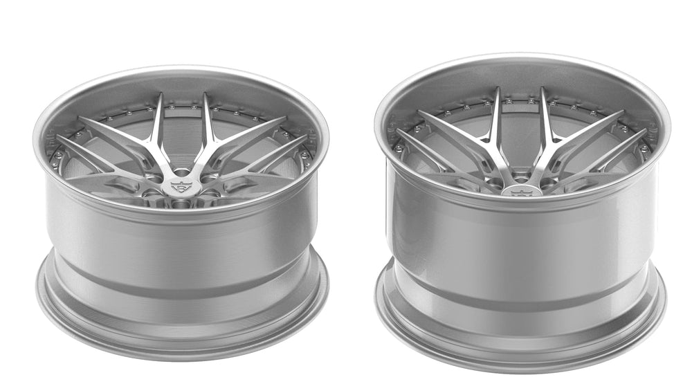 Rear barrel view of two brushed aluminum RVRN RV-DR08D forged wheels on a white background, 2004 Dodge Viper