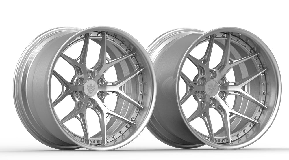 Pair of brushed aluminum split-spoke RVRN RV-DR08D forged wheels side by side on a white background, 2004 Dodge Viper