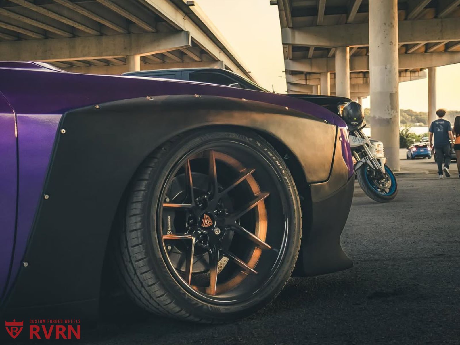 Rear view 2013 Dodge Challenger SRT8 with RVRN RV-DR08D deep dish forged wheels, gloss black barrel, 20x13 rear fitment