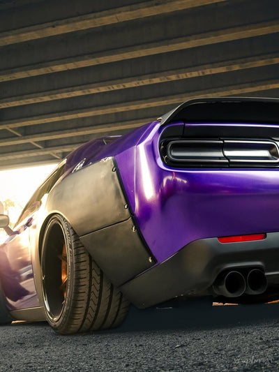 Side profile of 2013 Dodge Challenger SRT8 with custom forged RV-DR08D wheels, transparent copper spokes, 20x13 rear