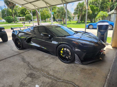 Rear fitment of 2022 Corvette C8 Z51 with RVRN RV-DR08D wheels — 21x12 deep concave, black and yellow finish