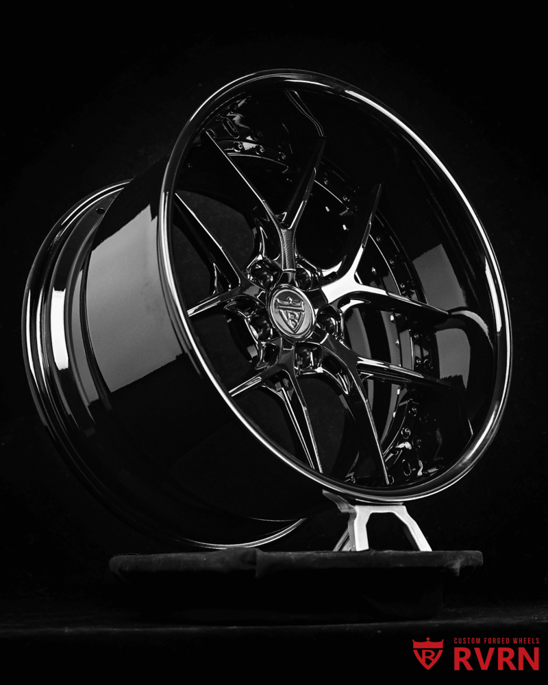Custom forged RV-DR08D deep dish wheel for Dodge Challenger, showcasing a sleek, glossy black finish.