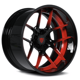 Custom black and red RV-DR08D 2-piece forged wheel for Dodge Challenger Hellcat by RVRN Wheels.