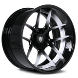 Custom 2-piece forged RV-DR08D wheel with hidden screws for Dodge Challenger Hellcat in black and white finish by RVRN Wheels