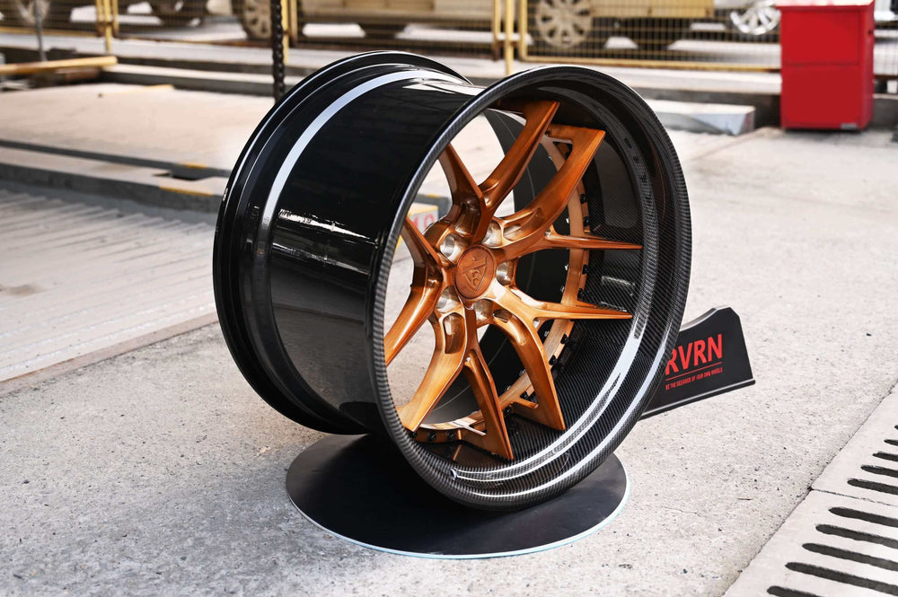 BMW M4 G82 with RVRN RV-DR08D wheels, highlighting the glossy transparent copper spokes for an aggressive, performance-driven aesthetic.