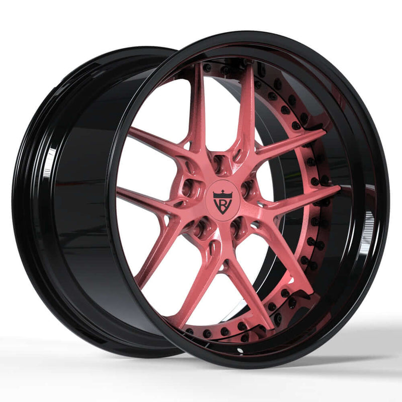 Custom forged 2-piece pink and black wheels RV-DR08D with deep lip design and unique finish.
