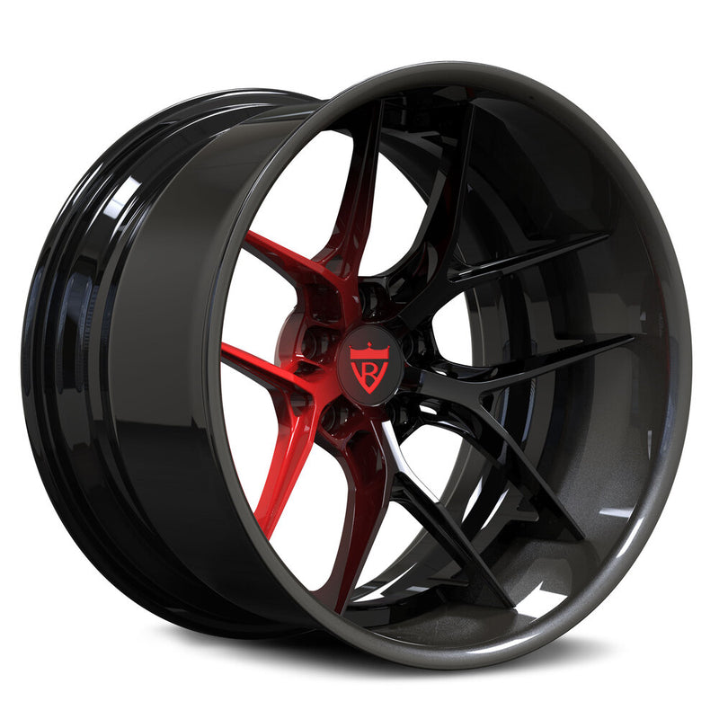 Custom forged 2-piece wheels with deep dish design, featuring red accents for a sporty and aggressive look.