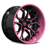 Custom forged 2-piece deep dish pink and black wheels for Dodge Charger, stylish and unique design.