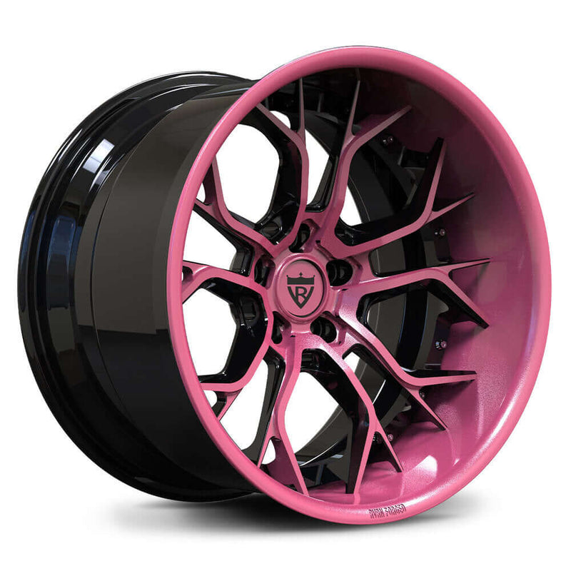 Custom forged 2-piece deep dish pink and black wheels for Dodge Charger, stylish and unique design.
