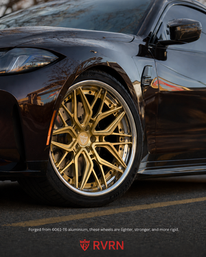 BMW M4 Competition rear view on custom forged wheels RV-DR19 20x11 Champagne Gold chrome barrel aggressive fitment