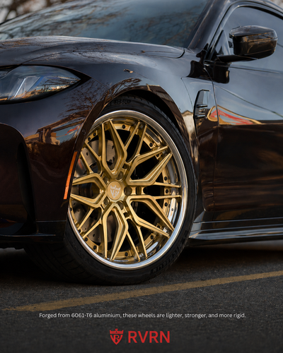 BMW M4 Competition rear view on custom forged wheels RV-DR19 20x11 Champagne Gold chrome barrel aggressive fitment