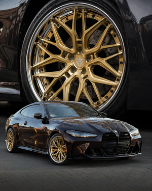 BMW M4 Competition wheel close up RV-DR19 Champagne Gold spokes chrome barrel black screws 20x10 20x11