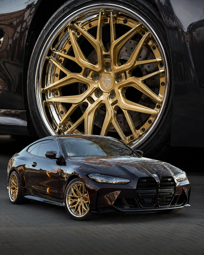 BMW M4 Competition wheel close up RV-DR19 Champagne Gold spokes chrome barrel black screws 20x10 20x11